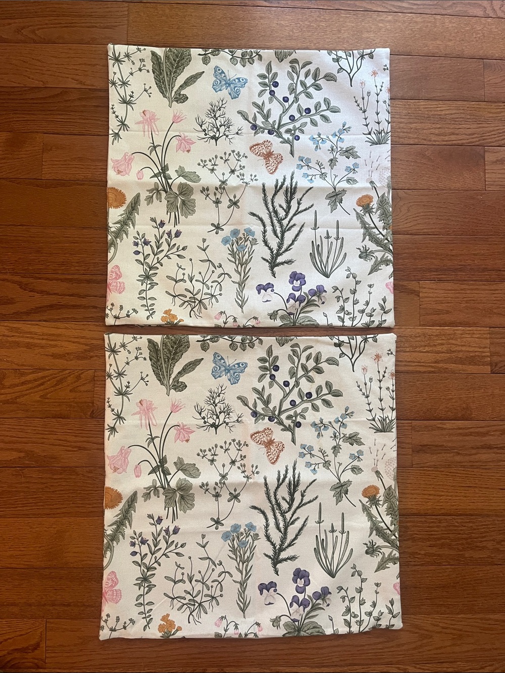 Set of 2 Tan Green Floral & Butterfly 20" x 20" Square Pillow Covers Zip Closure